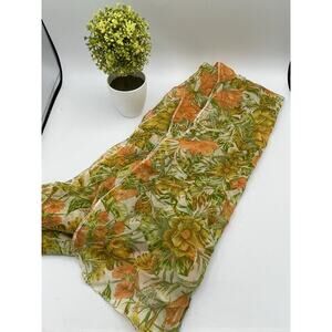 Cream Orange Green Floral Botanical Sheer Scarf Wrap 13x80 Boho 70s Retro